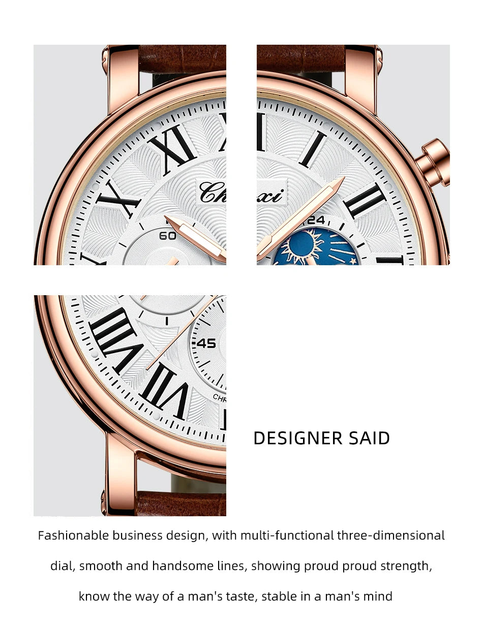 CHENXI 1973 Chronograph Watch- Moon Phase, Date Display & Leather Strap
