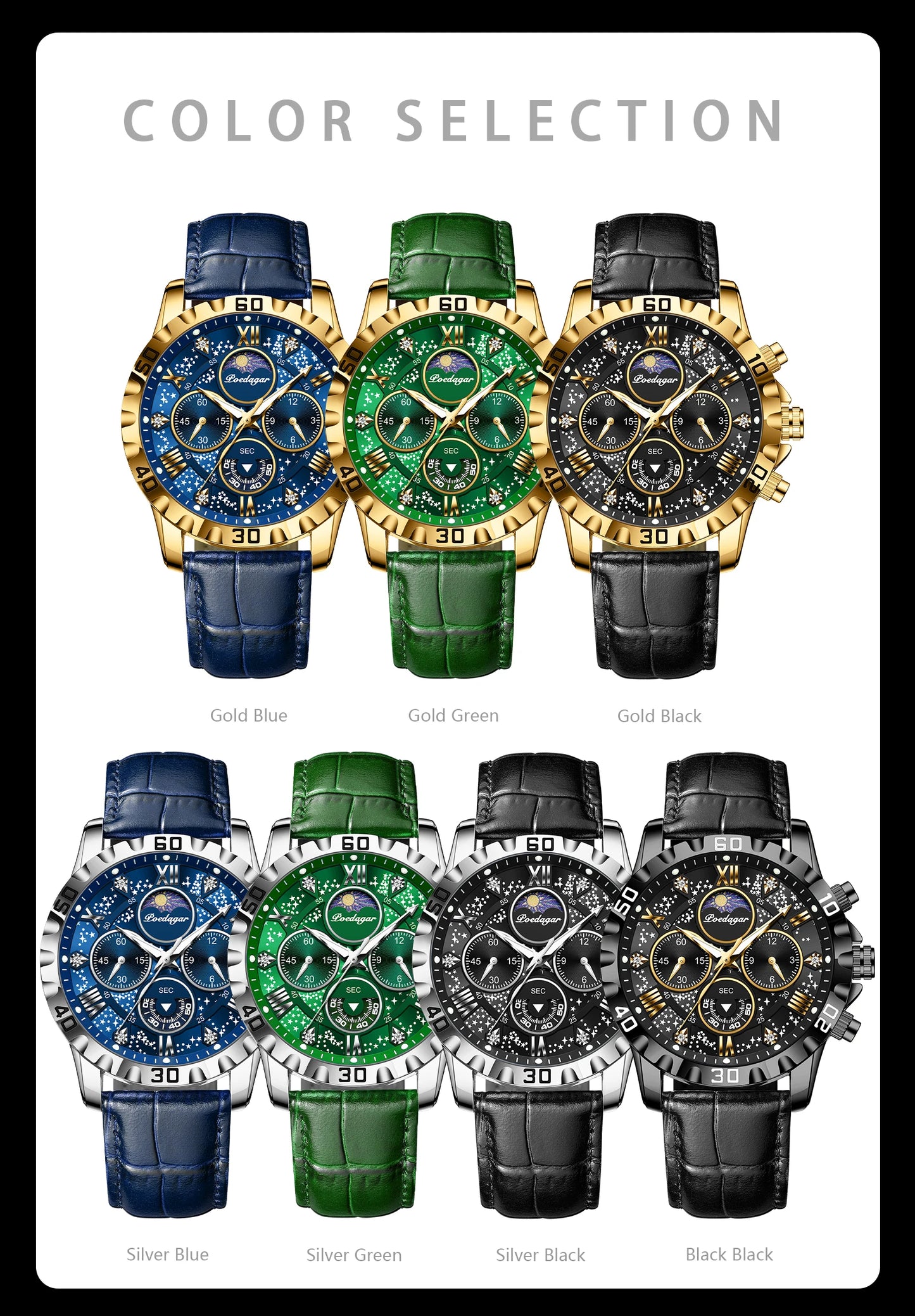 POEDAGAR men's Luxury Fashion Watch Waterproof Chronograph Leather Quartz Wriswatch