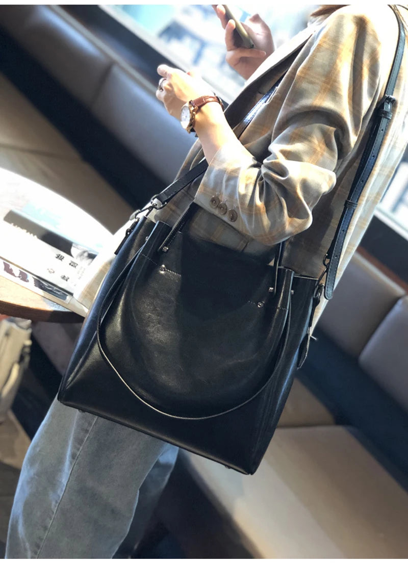 Genuine Leather Tote Bag - Vintage Women's Shoulder Handbag