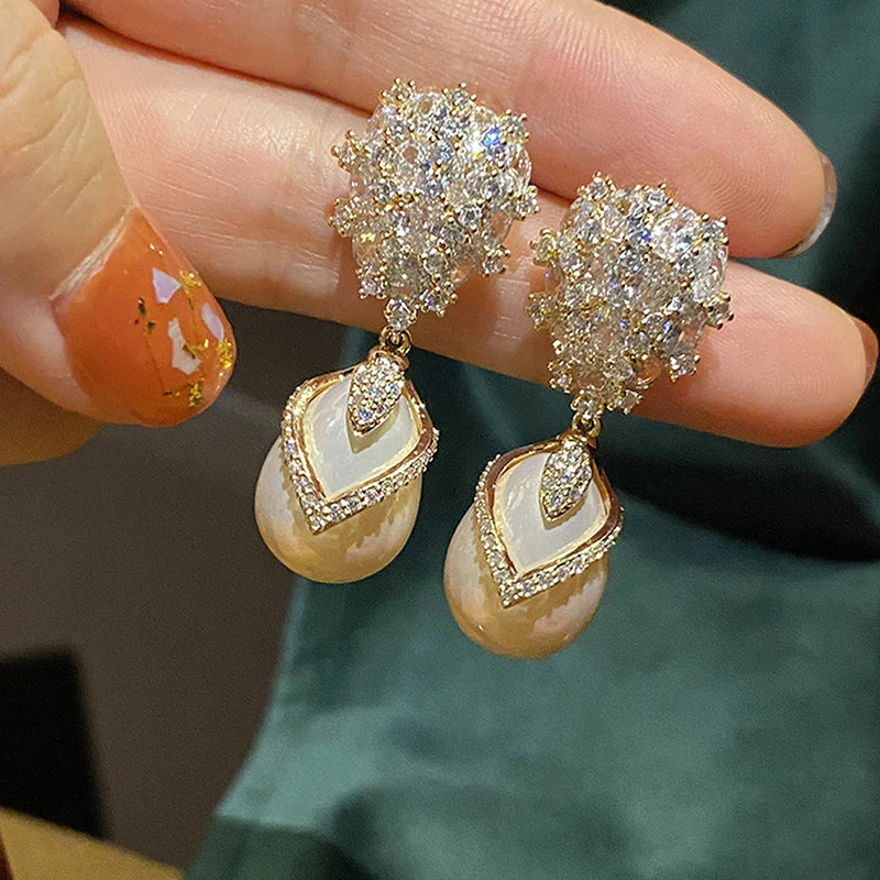 Elegant Waterdrop Pearl Dangle Earrings Crystal & Cubic Zirconia