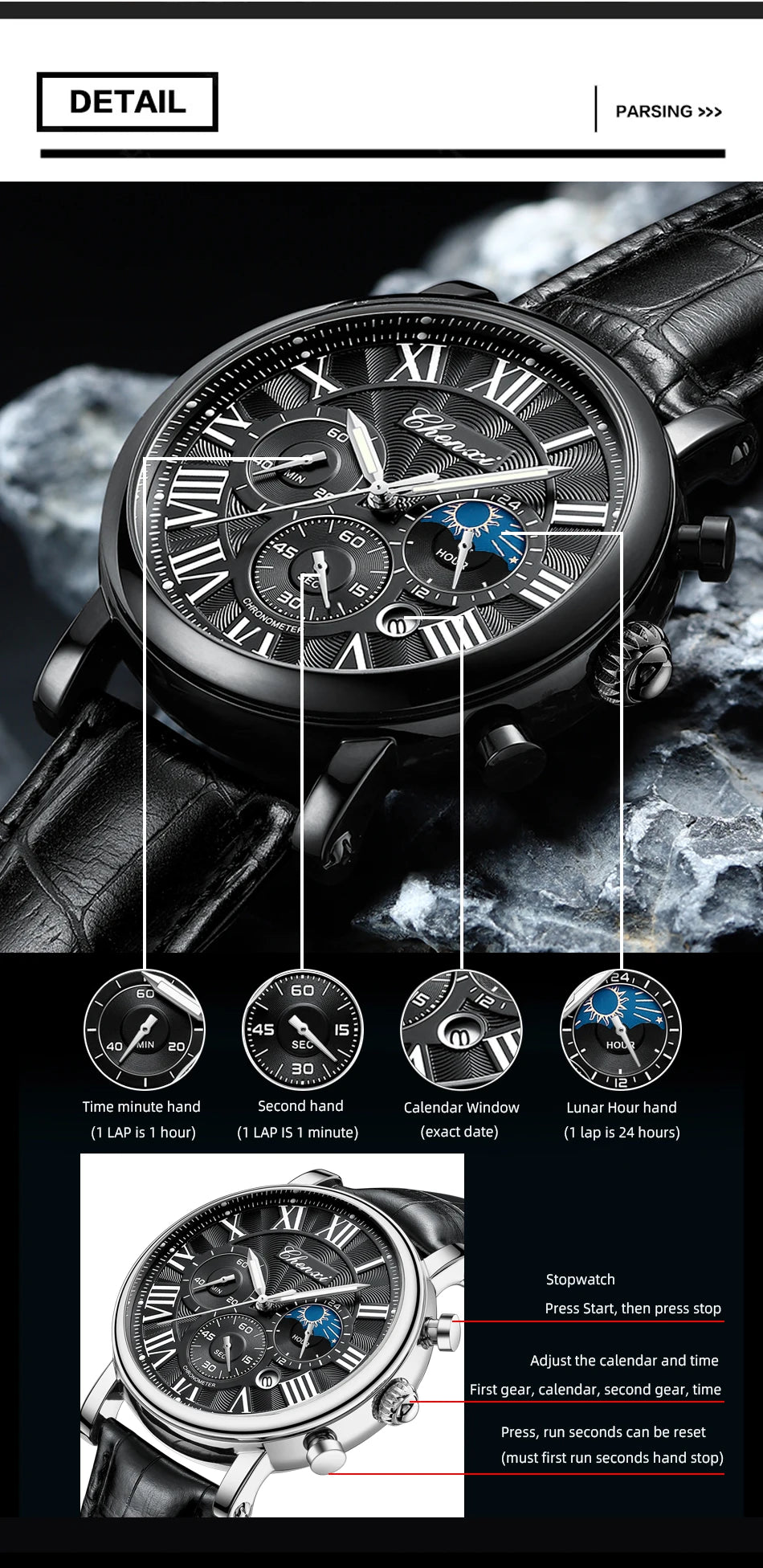 CHENXI 1973 Chronograph Watch- Moon Phase, Date Display & Leather Strap