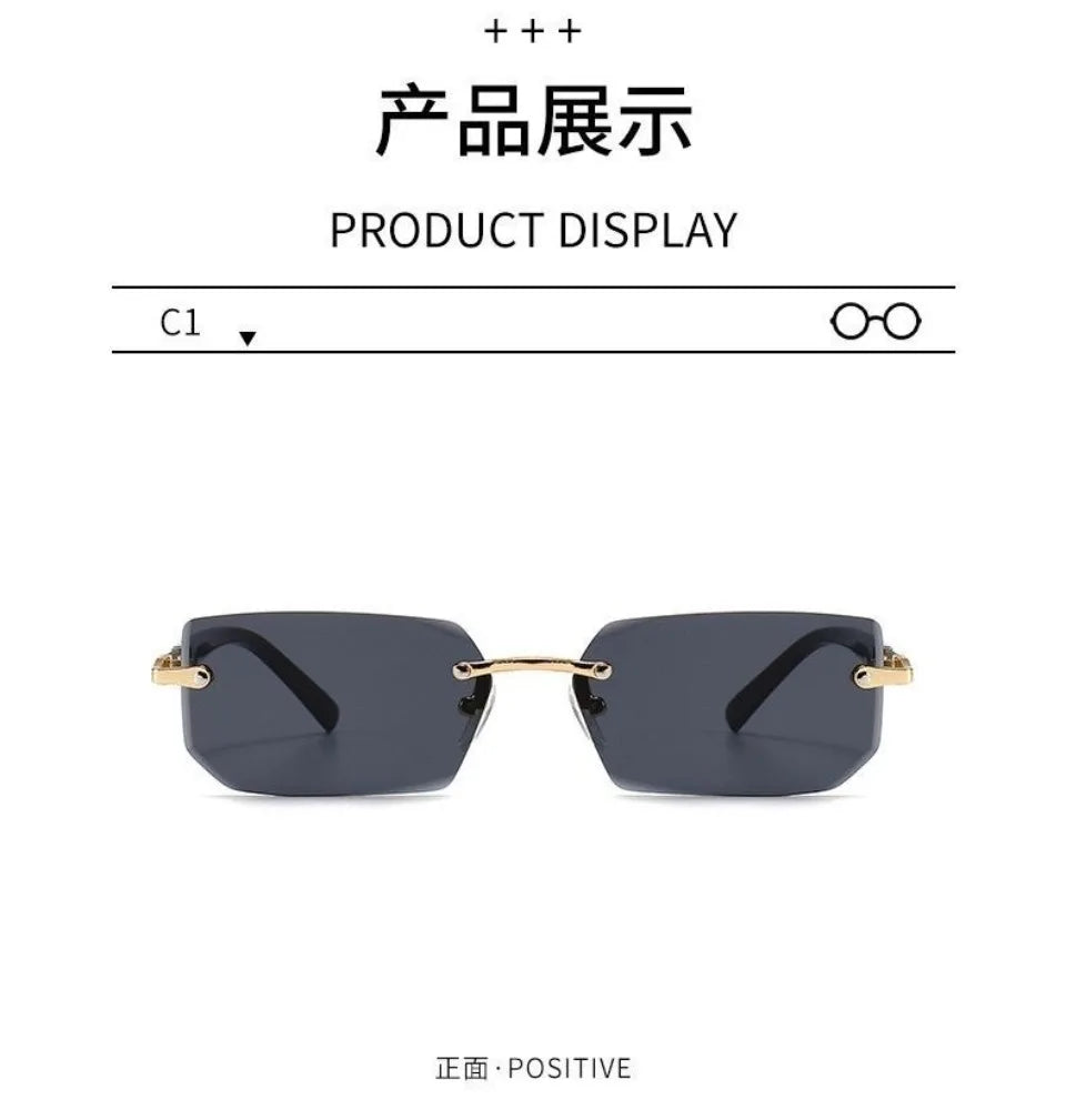 Rectangle Rimless Sunglasses Women Men - Small Square Trendy Shades UV400