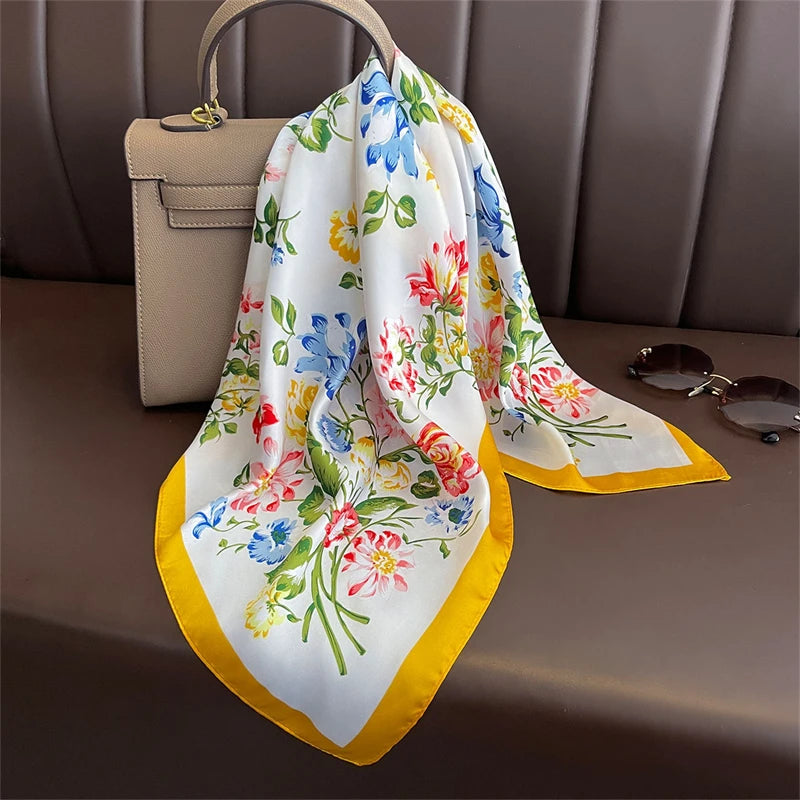 Luxury Print Satin Silk Square Scarf for Women Hijab Shawl & Elegant Wrap Accessory