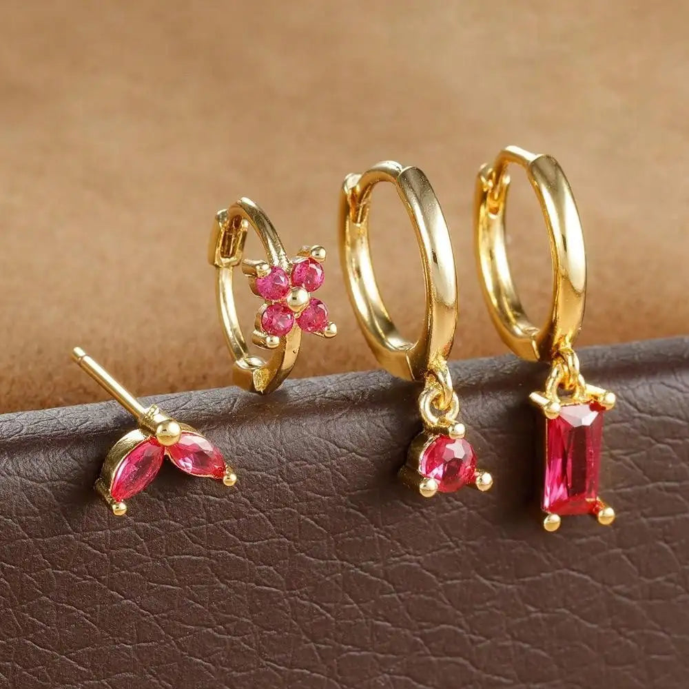 4Pcs Cubic Zirconia Flower Hoop Earrings Set 18k Gold- & Silver-Plated Stainless Steel