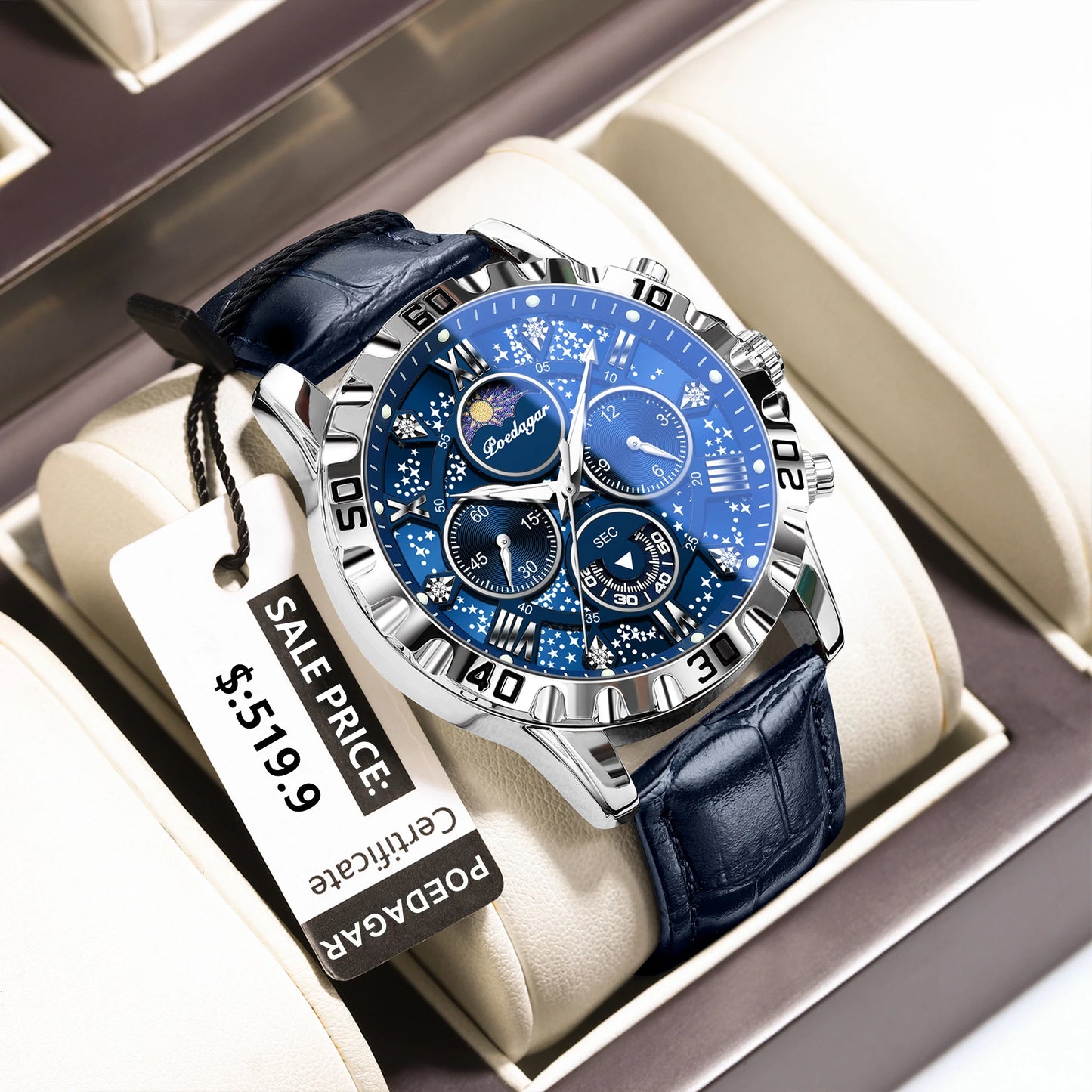 POEDAGAR men's Luxury Fashion Watch Waterproof Chronograph Leather Quartz Wriswatch