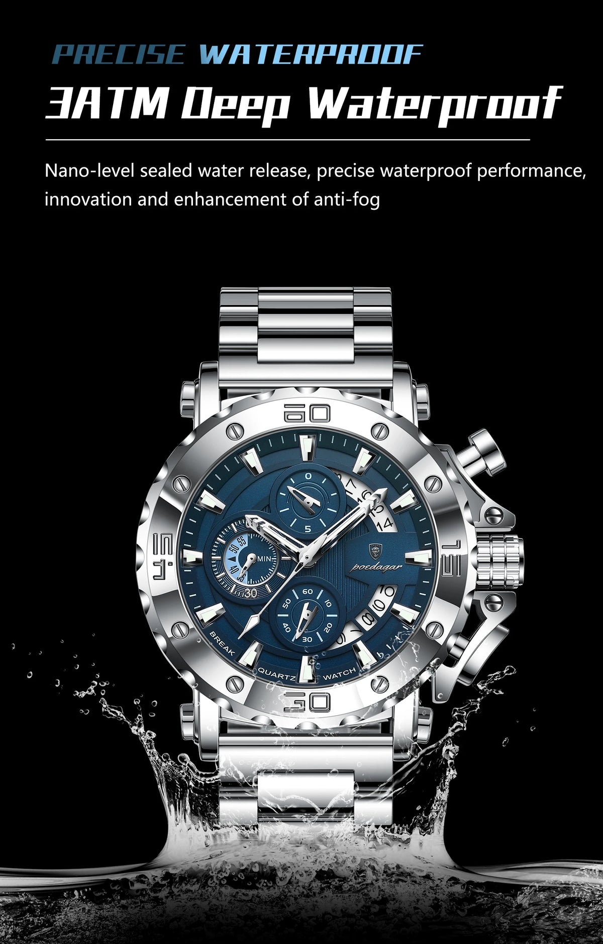 POEDAGAR 892 Men's Stainless Steel Quartz Watch