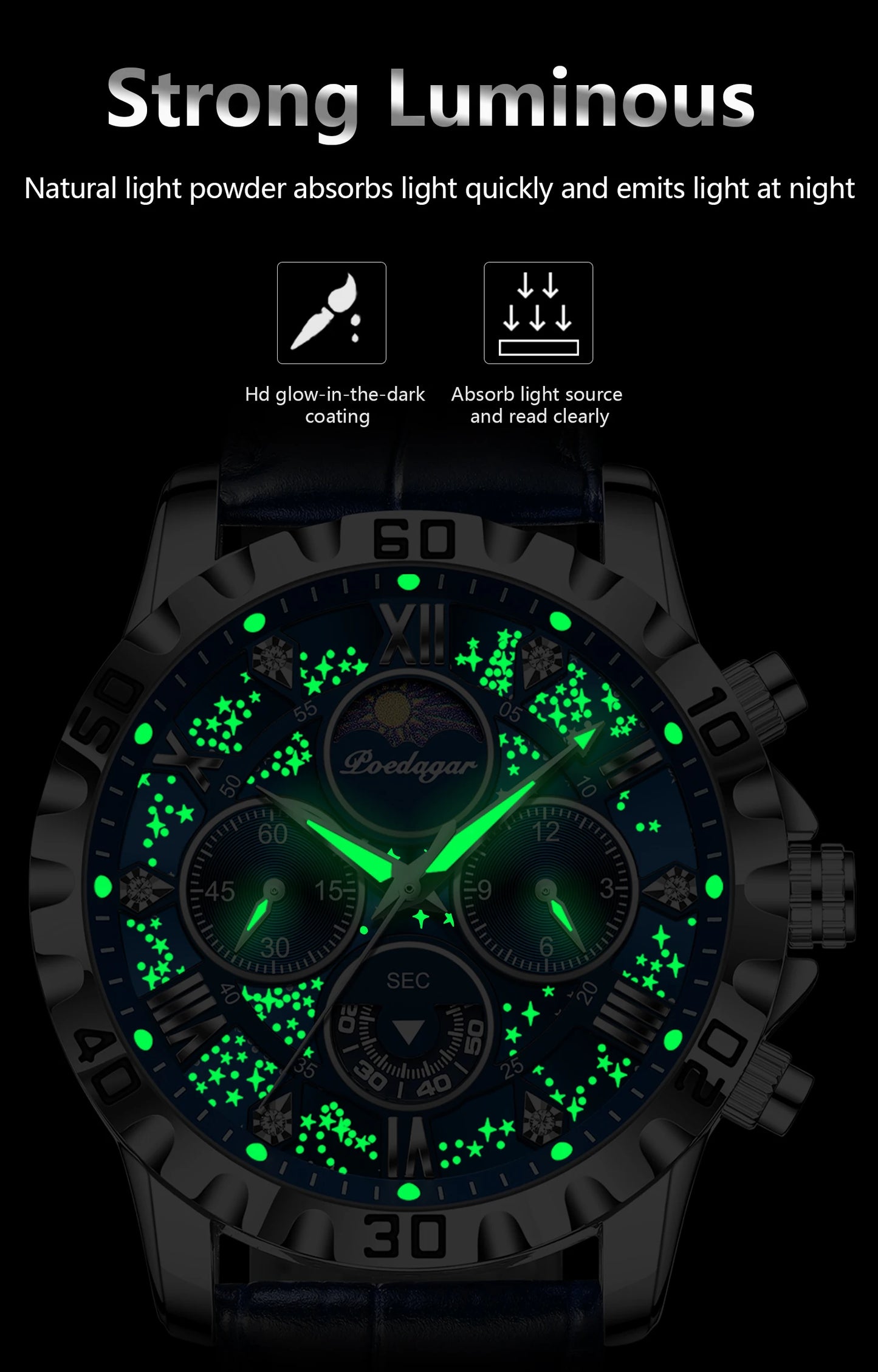 POEDAGAR men's Luxury Fashion Watch Waterproof Chronograph Leather Quartz Wriswatch