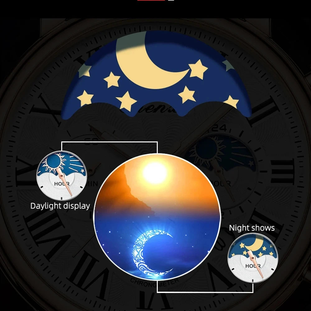CHENXI 1973 Chronograph Watch- Moon Phase, Date Display & Leather Strap