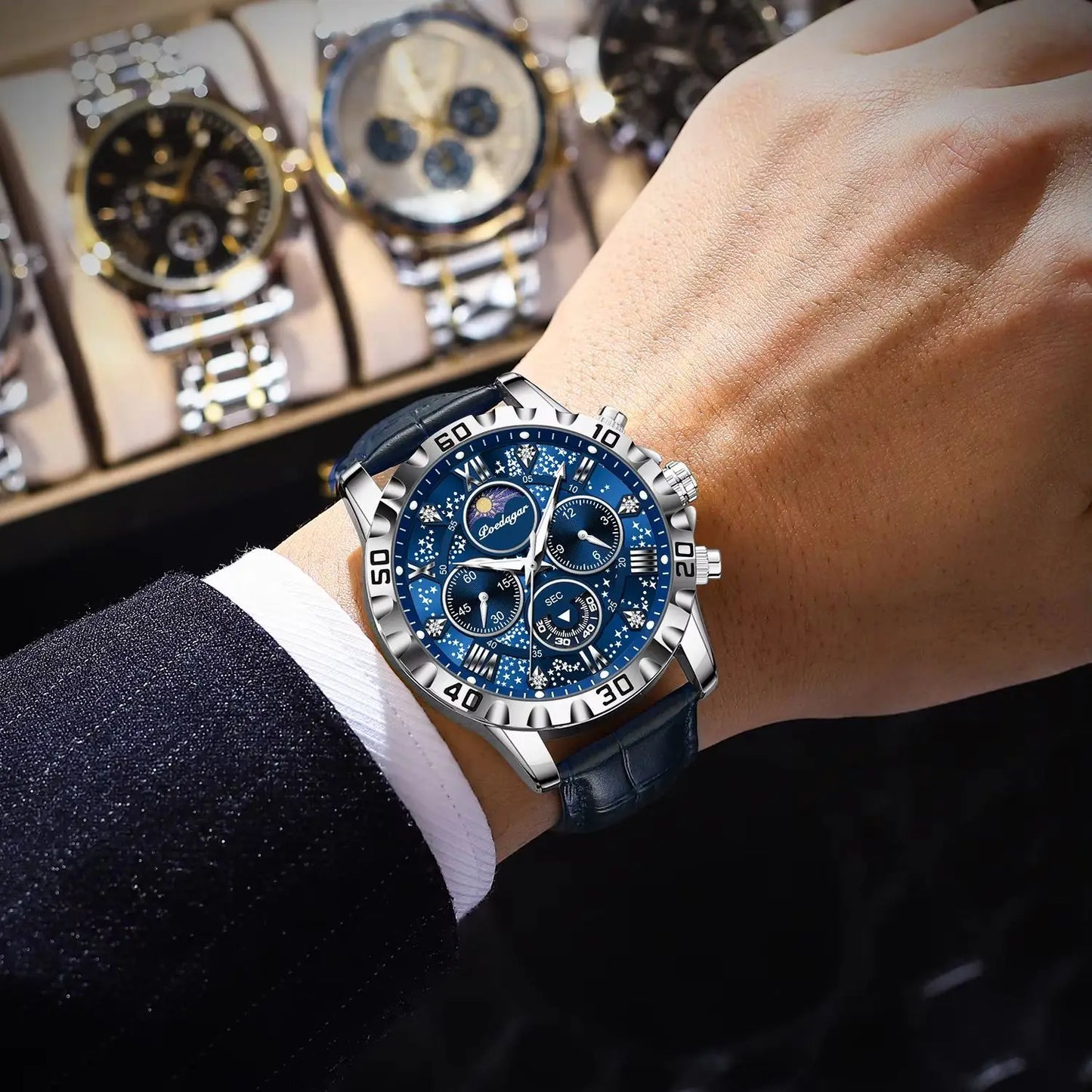 POEDAGAR men's Luxury Fashion Watch Waterproof Chronograph Leather Quartz Wriswatch