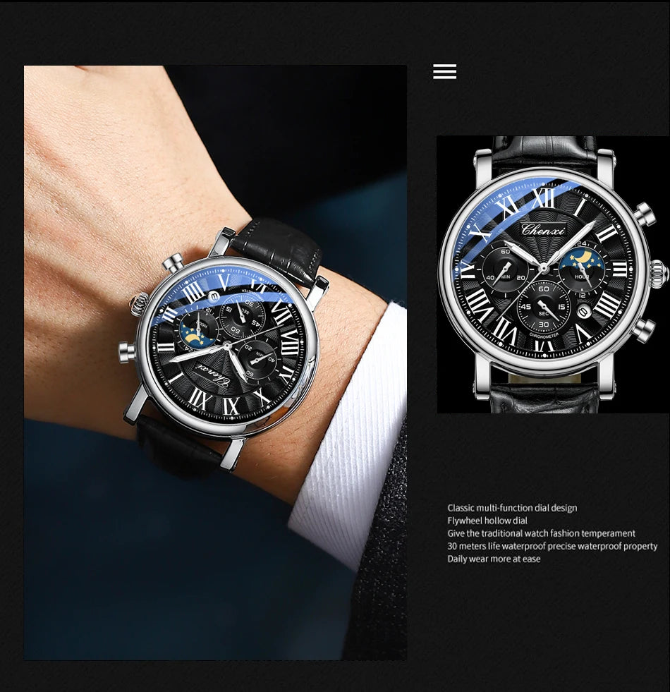CHENXI 1973 Chronograph Watch- Moon Phase, Date Display & Leather Strap