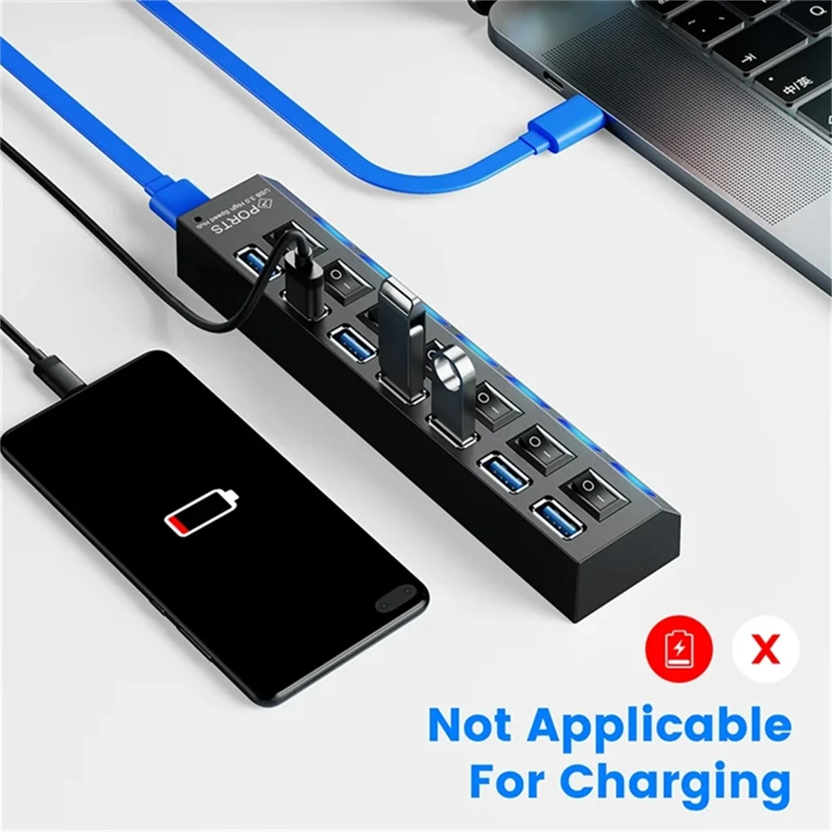 USB 3.0 HUB - High Speed 4/7 Port Splitter with power Adapter & On/ Off Switch