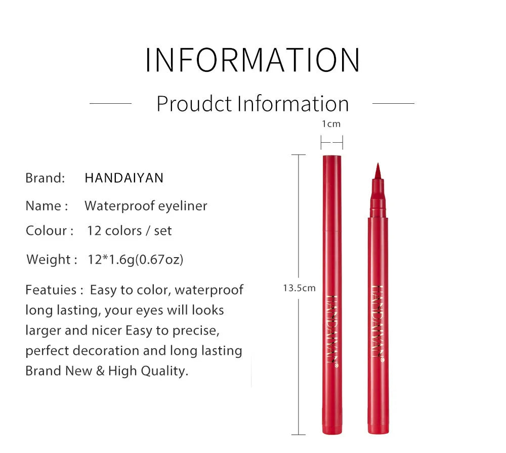 12- Color Waterproof Liquid Eyeliner Set - Vibrant Eye Makeup Pencils