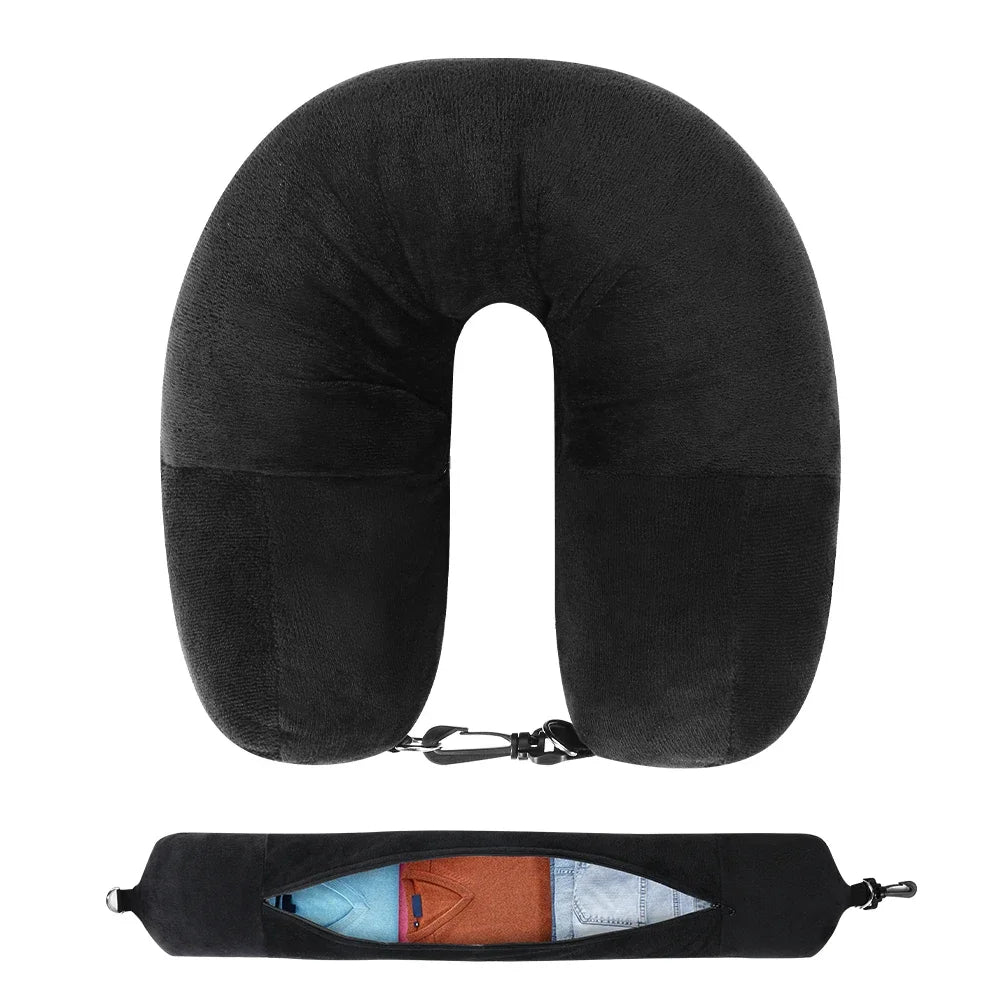 Travel Neck Pillow with Fillable Clothing U-shaped Velvet Cover & Extra Storage Bag