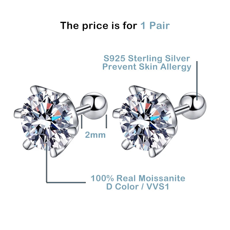 Moissanite Stud Earring - D Color 925 Sterling Silver for Women