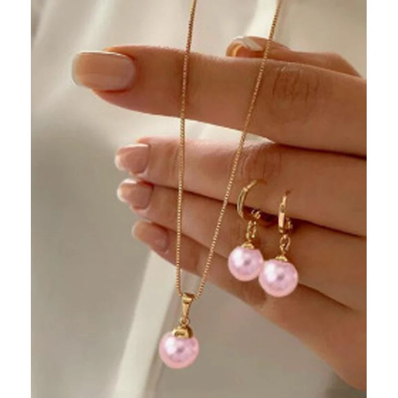 Pearl Pendant Necklace Set for Women - 3 Pcs Rhinestone Earring & Necklace Jewelry Gift Set
