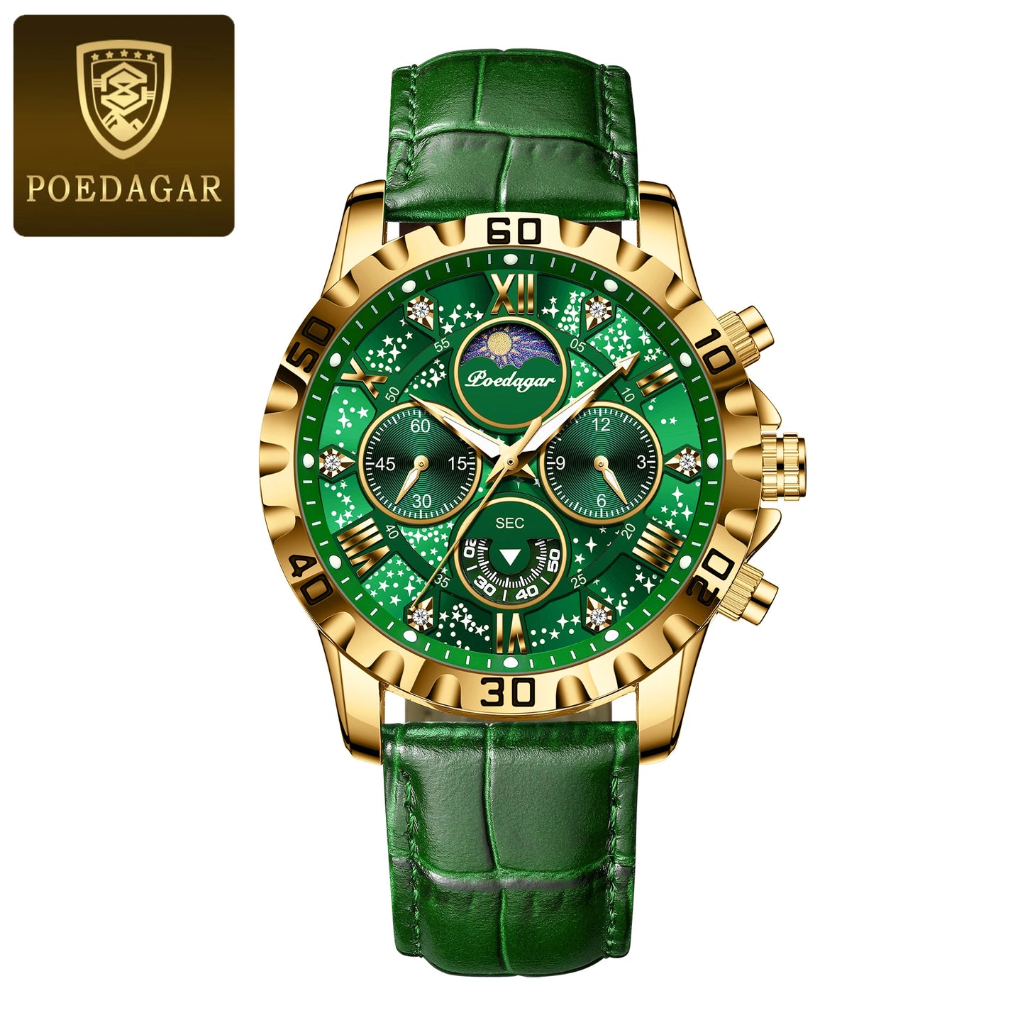 POEDAGAR men's Luxury Fashion Watch Waterproof Chronograph Leather Quartz Wriswatch
