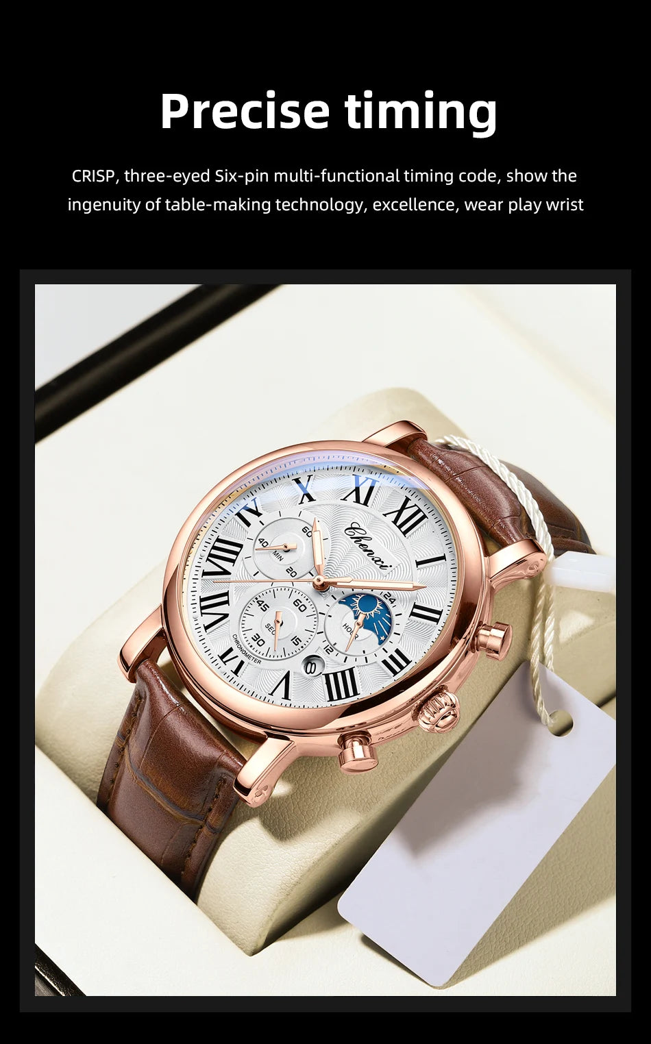 CHENXI 1973 Chronograph Watch- Moon Phase, Date Display & Leather Strap