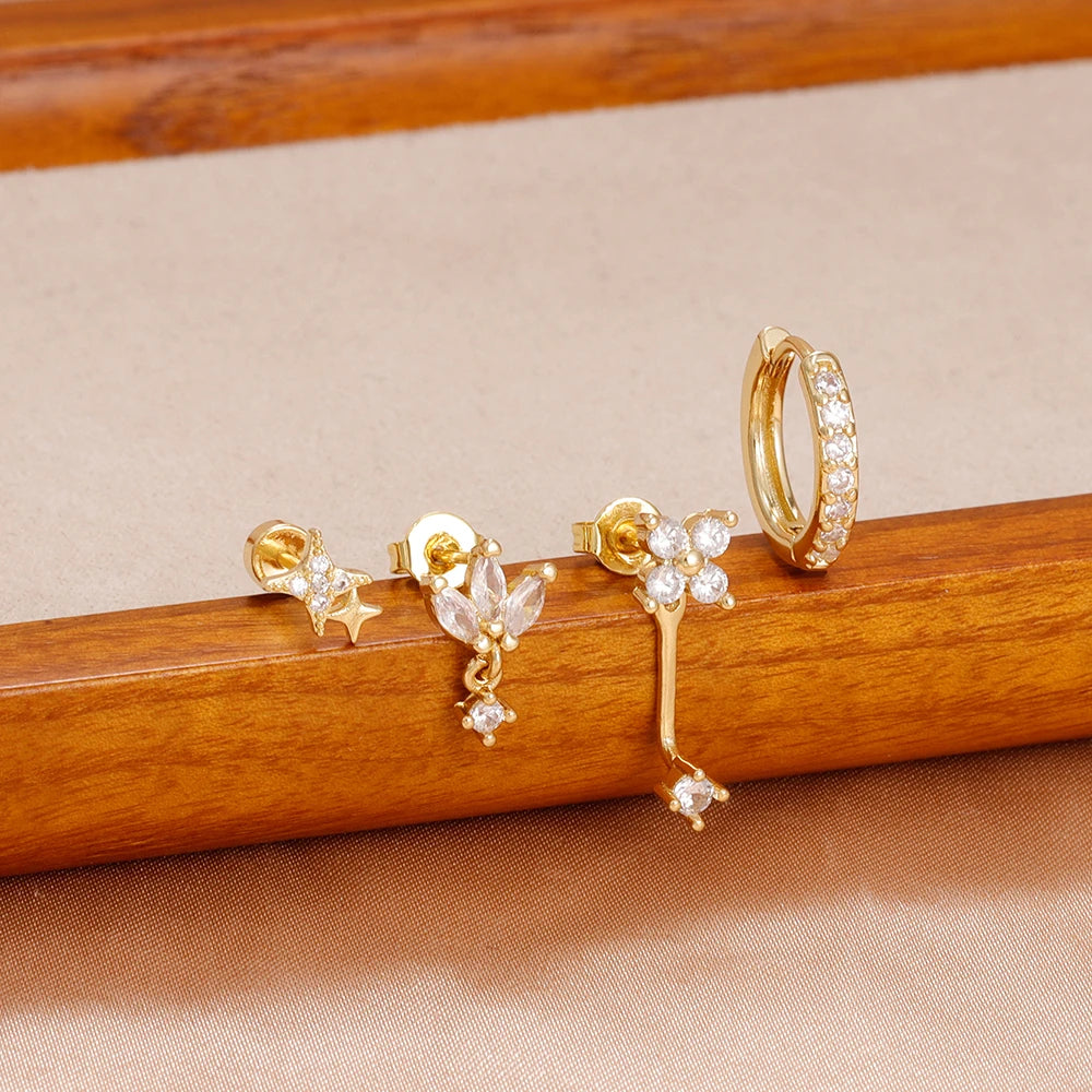 4-Pieces Zircon Star Moon Flower Small Hoop Earrings Set for Women