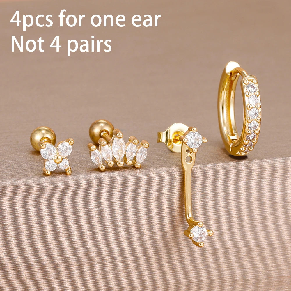 4-Pieces Zircon Star Moon Flower Small Hoop Earrings Set for Women