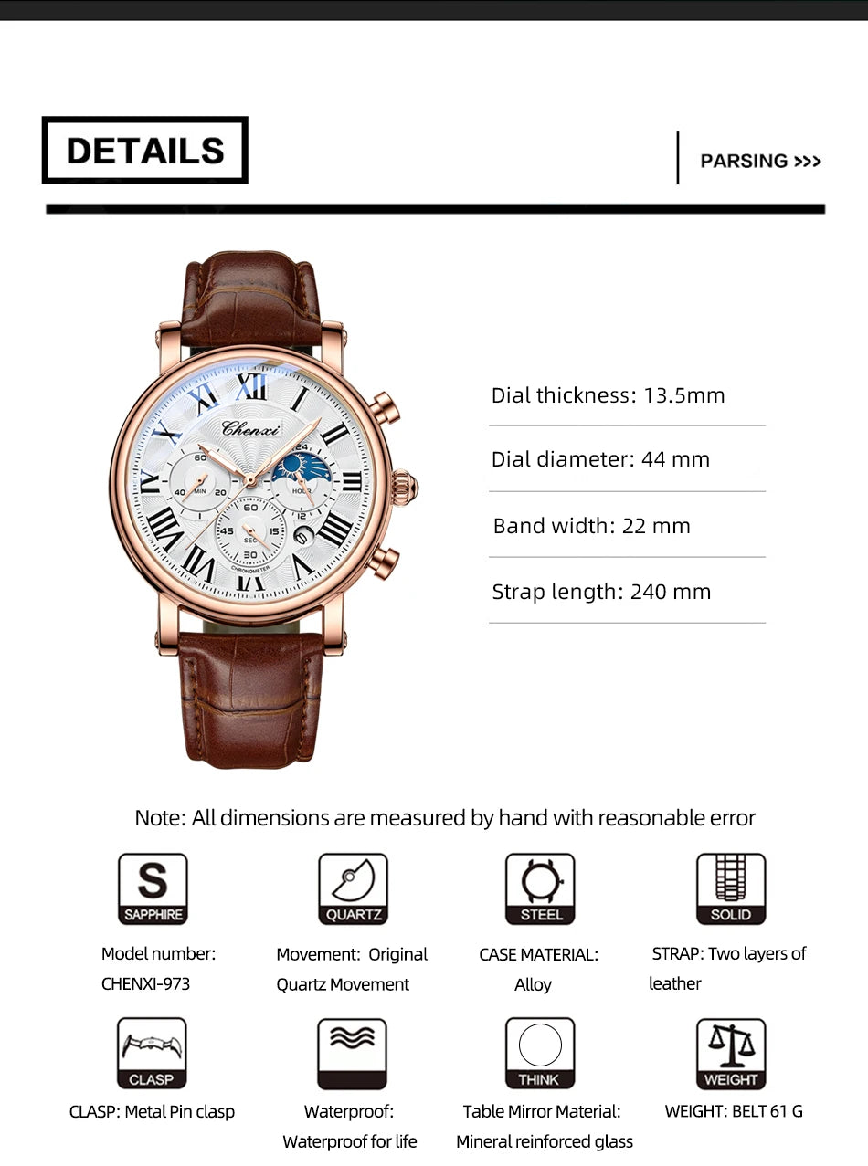 CHENXI 1973 Chronograph Watch- Moon Phase, Date Display & Leather Strap