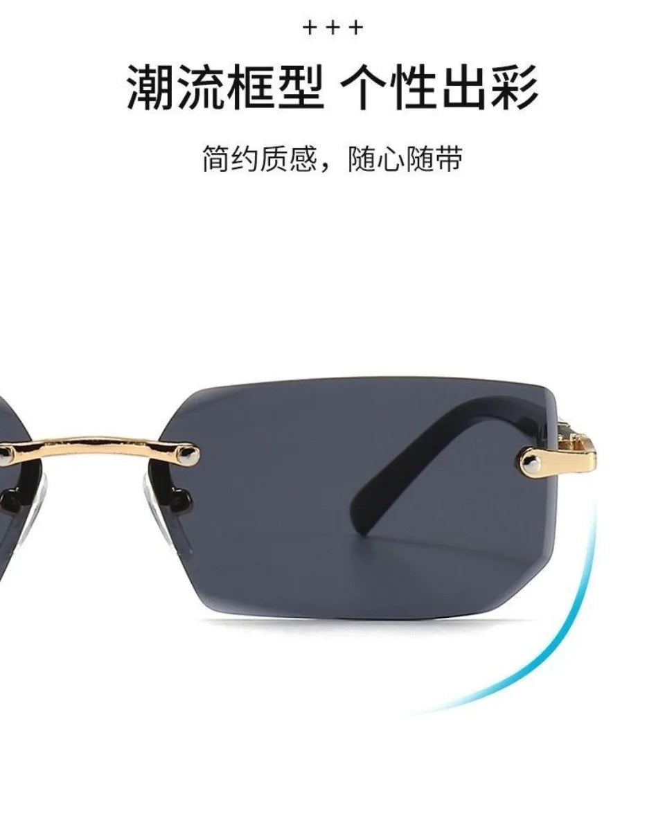 Rectangle Rimless Sunglasses Women Men - Small Square Trendy Shades UV400