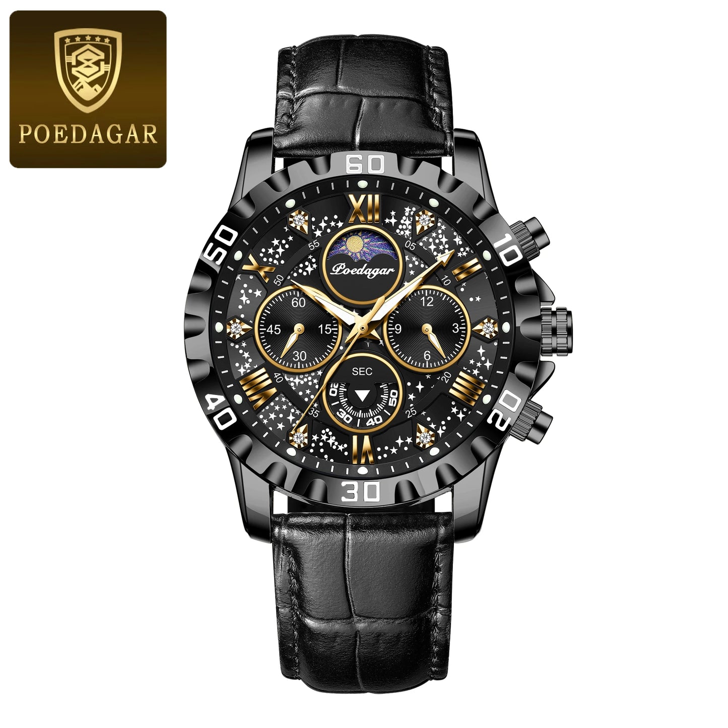 POEDAGAR men's Luxury Fashion Watch Waterproof Chronograph Leather Quartz Wriswatch