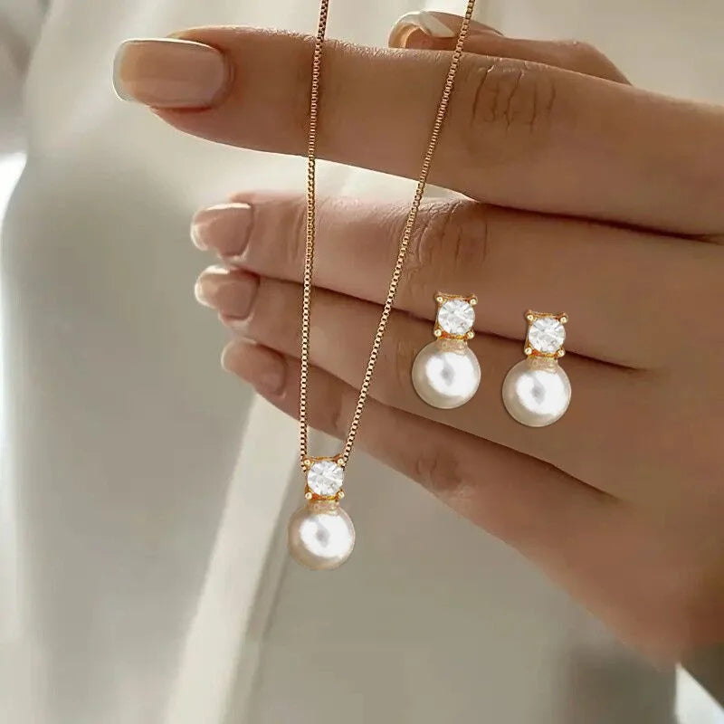 Pearl Pendant Necklace Set for Women - 3 Pcs Rhinestone Earring & Necklace Jewelry Gift Set