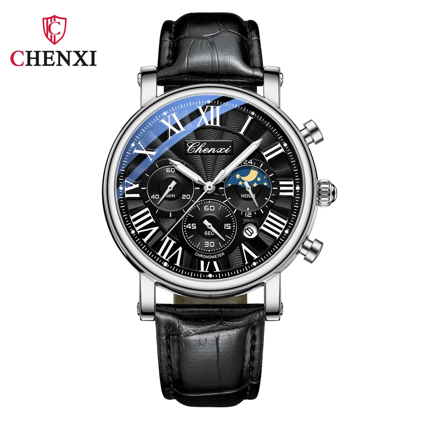 CHENXI 923 Men's Fashion Watch- Moon Phase, Roman Numeral Dial & Leather Strap