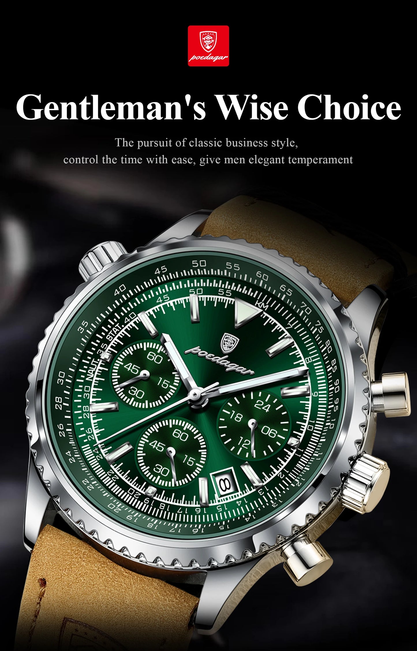 POEDAGAR Men's Luxury Business Luxury Business Watch Waterproof Choreograph Date Leather Quratz Wristwatch Date