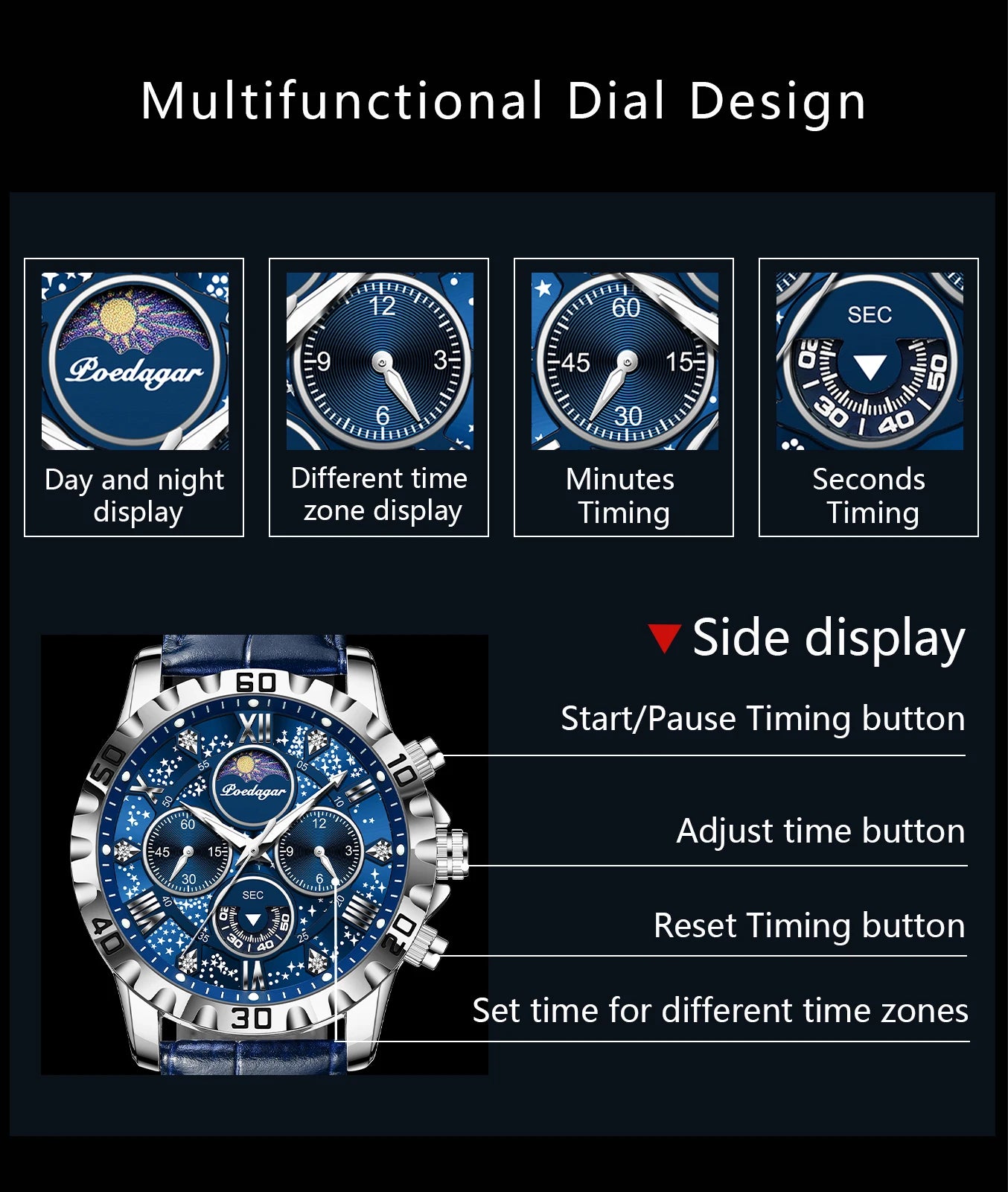 POEDAGAR men's Luxury Fashion Watch Waterproof Chronograph Leather Quartz Wriswatch