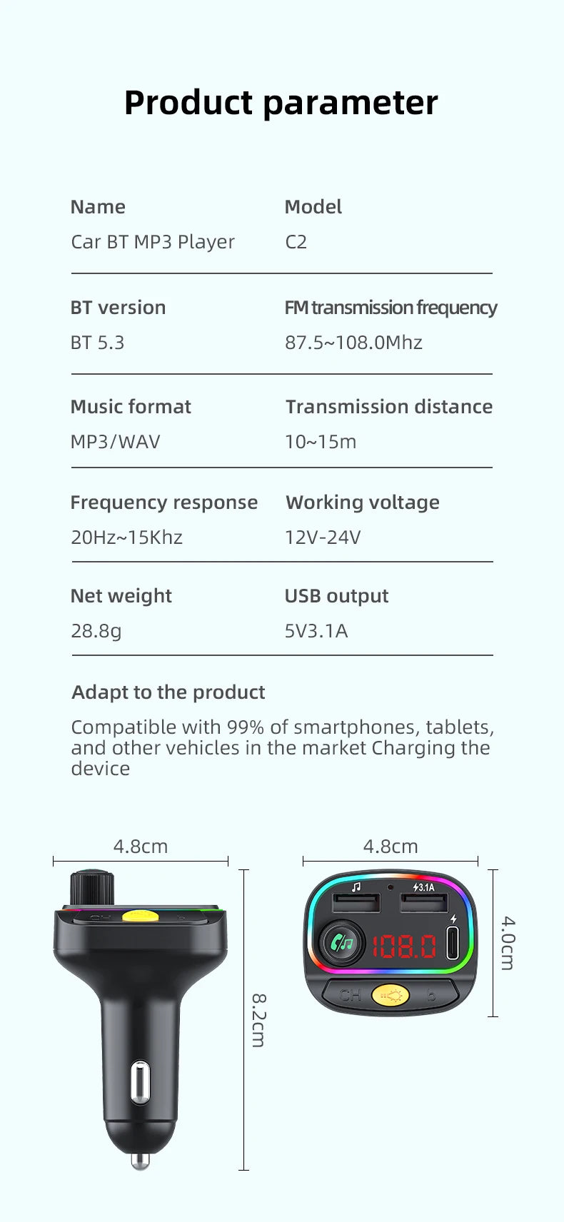 Car Bluetooth 5.3 M Transmitter - Wireless MP3 Player with Type - C Quick Charge Adapter