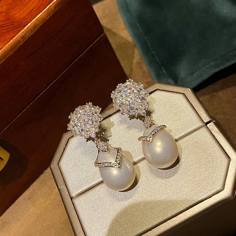 Elegant Waterdrop Pearl Dangle Earrings Crystal & Cubic Zirconia