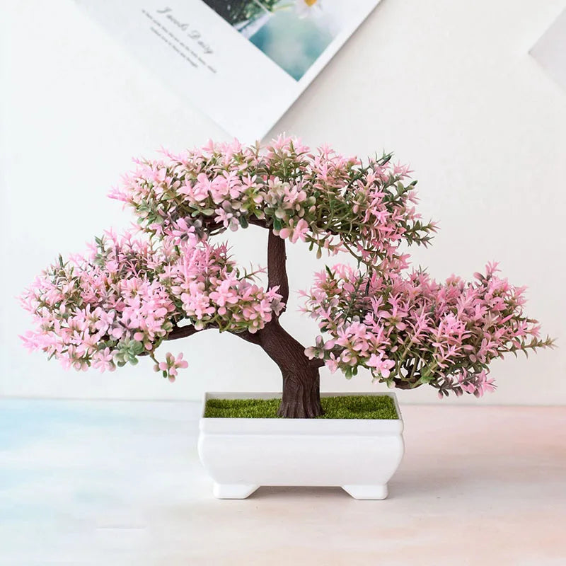 Artificial Bonsai Tree with Flower-Fake Potted Plant for Home Room & Garden Decoration