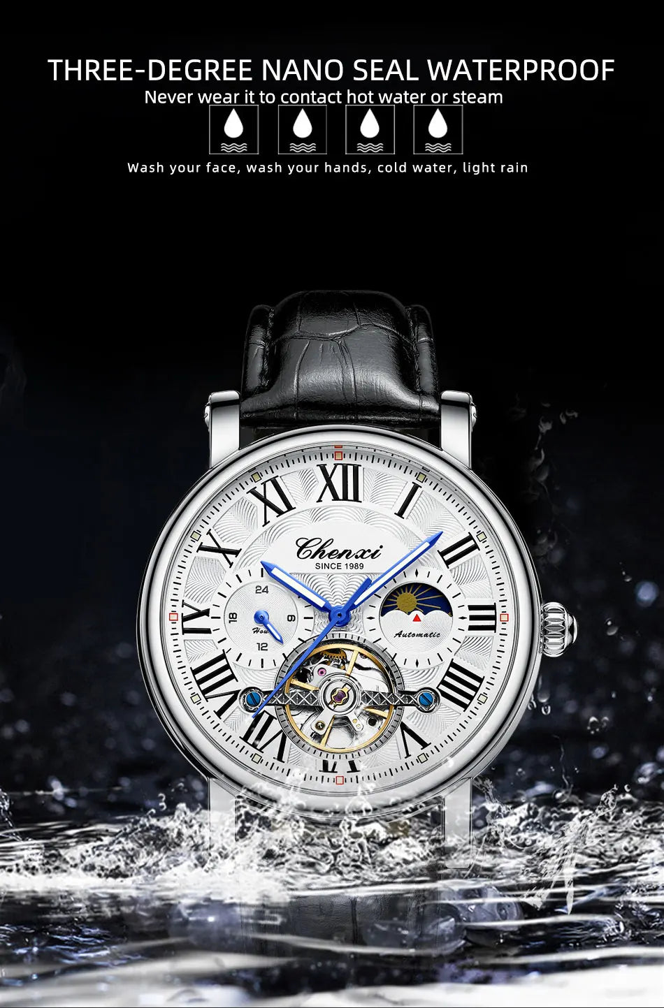 Watch For Men Business Fashion Genuine Leather Waterproof Mechanical Watch New 2024