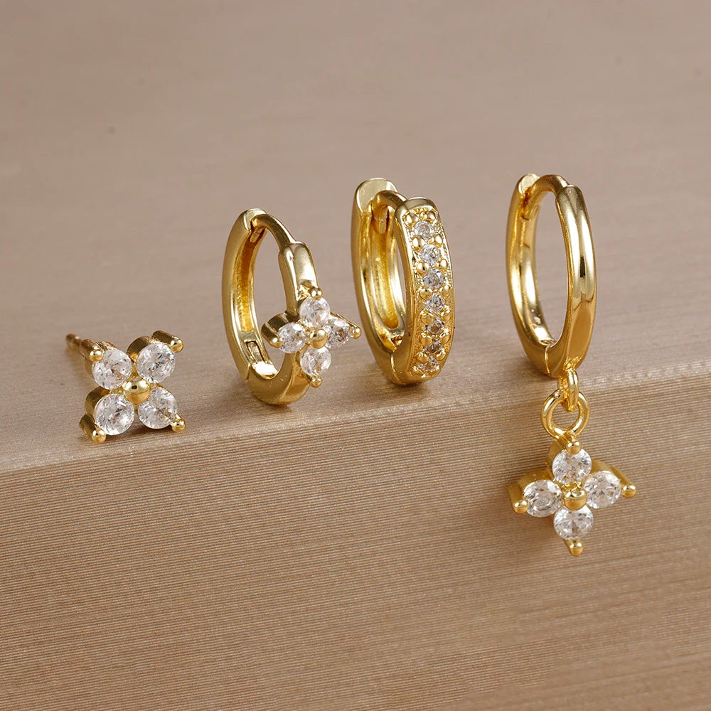 4Pcs Cubic Zirconia Flower Hoop Earrings Set 18k Gold- & Silver-Plated Stainless Steel