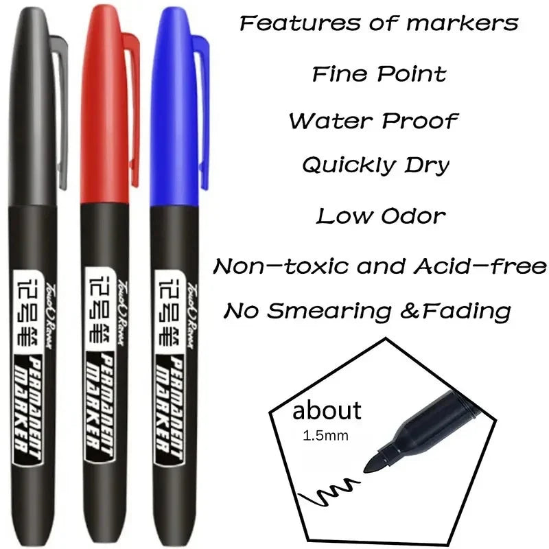 Permanent Maker Pen Set-Waterproof Drawing Markers in Black, Blue & Red