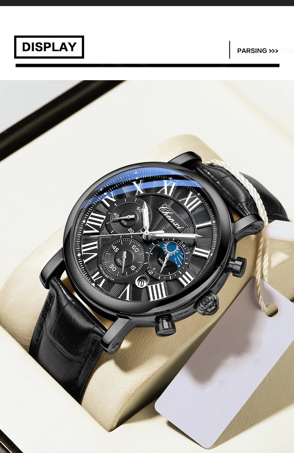 CHENXI 1973 Chronograph Watch- Moon Phase, Date Display & Leather Strap