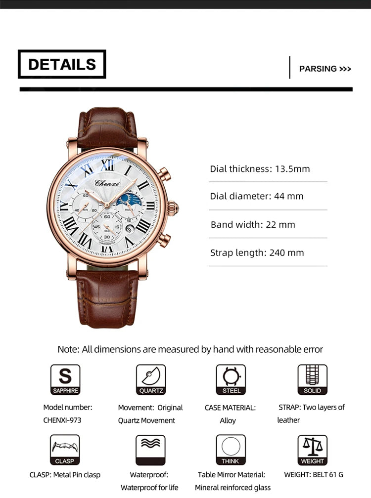 CHENXI 923 Men's Fashion Watch- Moon Phase, Roman Numeral Dial & Leather Strap