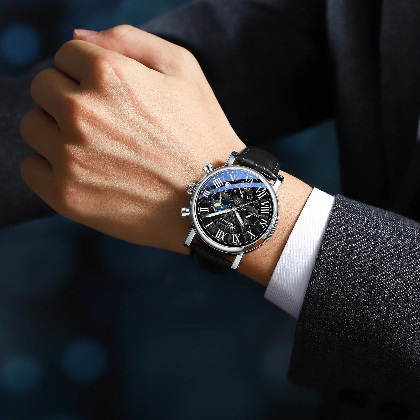 CHENXI 923 Men's Fashion Watch- Moon Phase, Roman Numeral Dial & Leather Strap