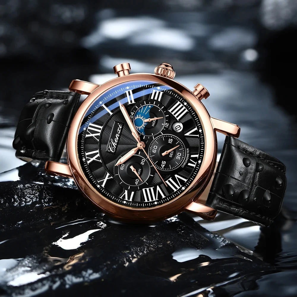 CHENXI 1973 Chronograph Watch- Moon Phase, Date Display & Leather Strap