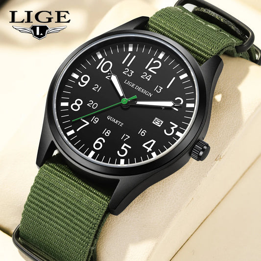 LIGE Luxury Men's Quartz Watch Date Display Nylon Leather Waterproof Luminous Sport Watch