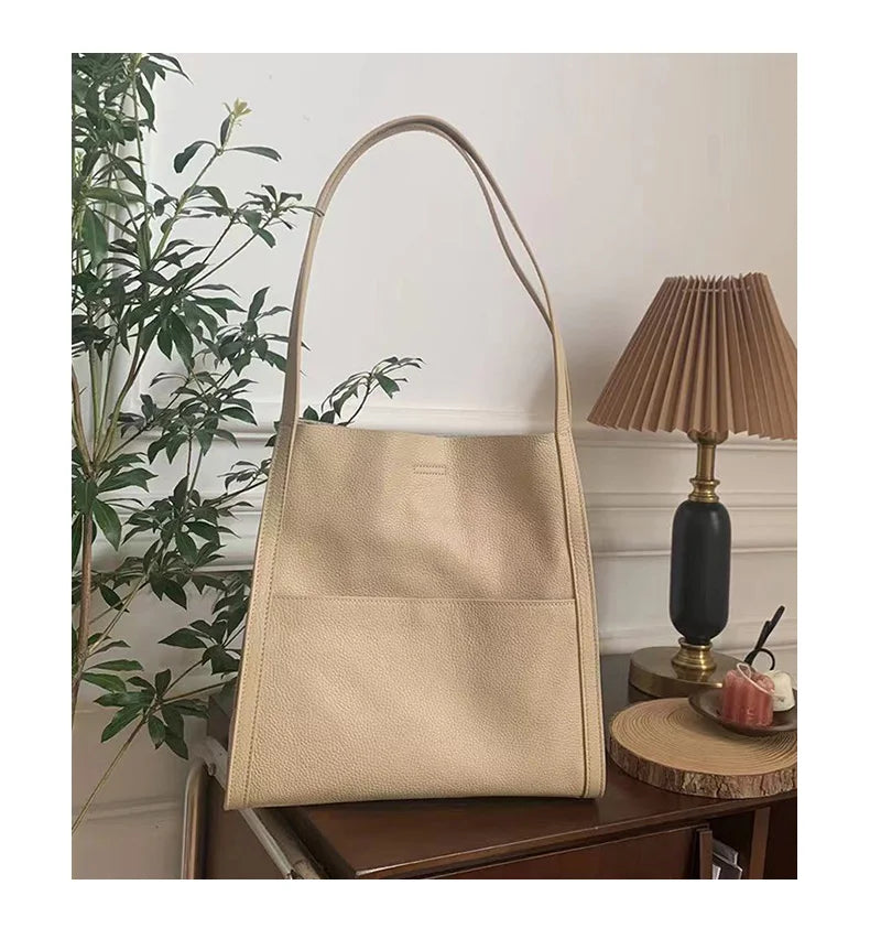 Luxury 100% Genuine Cowhide Leather Tote Bucket Bag