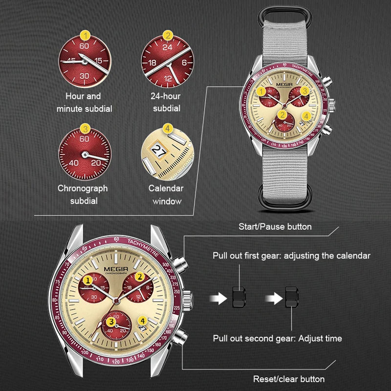 MEGIR Men's Luxury Sport Watch Chronograph Quartz Canvas Wristwatch
