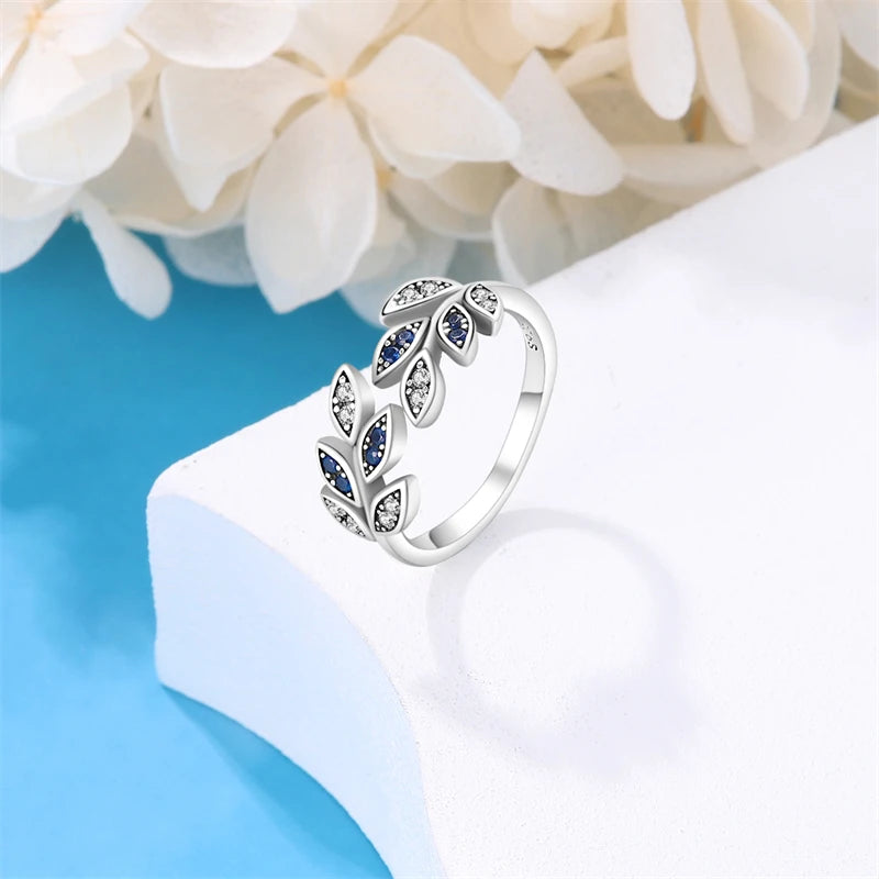 925 Sterling Sliver Blue Zircon Leaf Ring