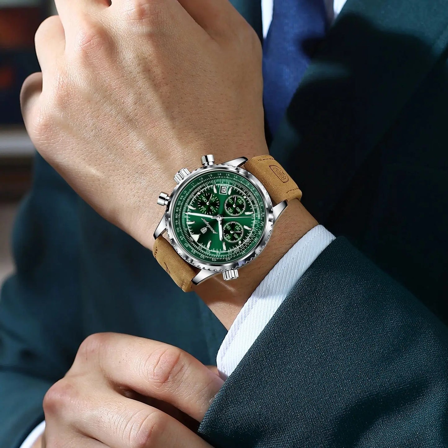 POEDAGAR Men's Luxury Business Luxury Business Watch Waterproof Choreograph Date Leather Quratz Wristwatch Date