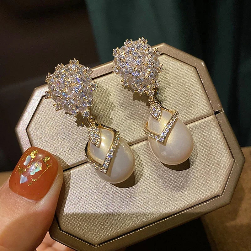 Elegant Waterdrop Pearl Dangle Earrings Crystal & Cubic Zirconia
