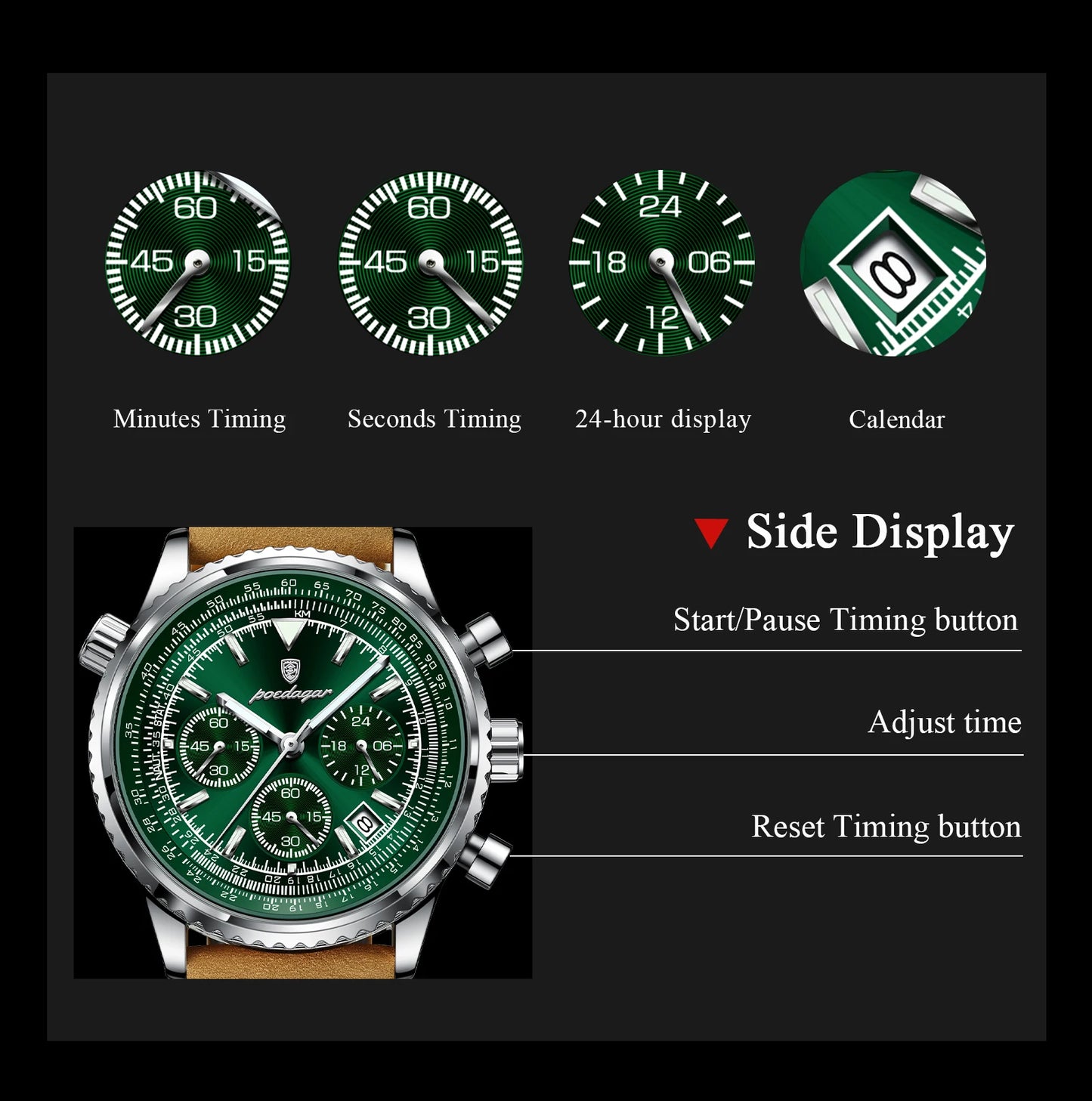 POEDAGAR Men's Luxury Business Luxury Business Watch Waterproof Choreograph Date Leather Quratz Wristwatch Date
