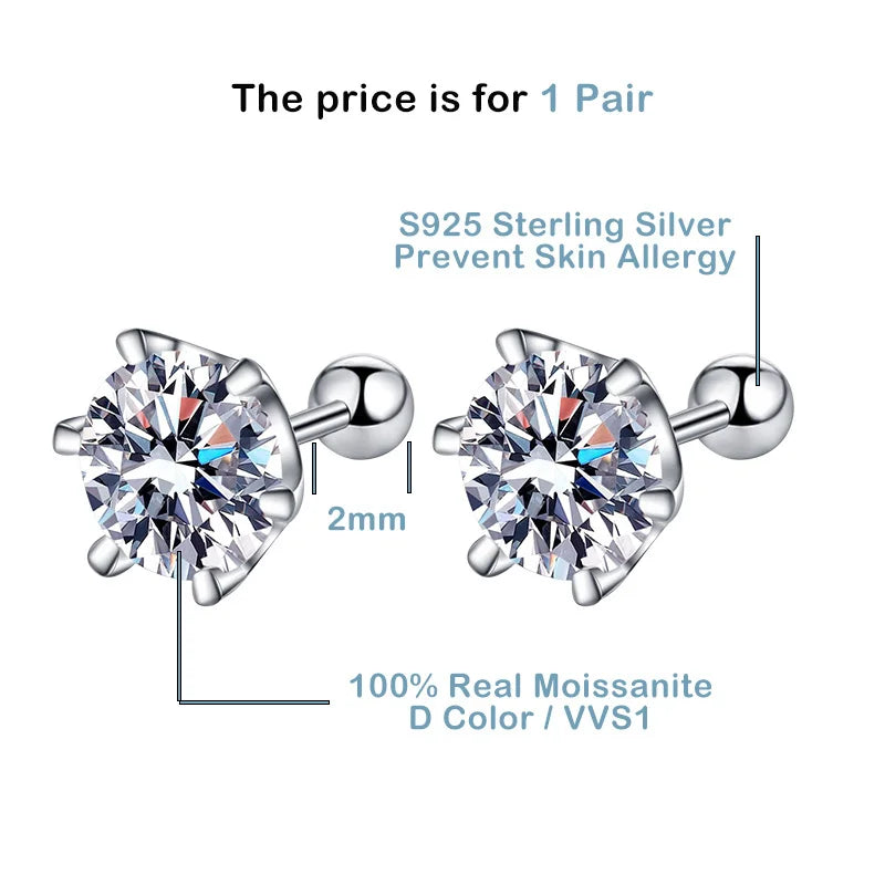 Moissanite Stud Earring - D Color 925 Sterling Silver for Women