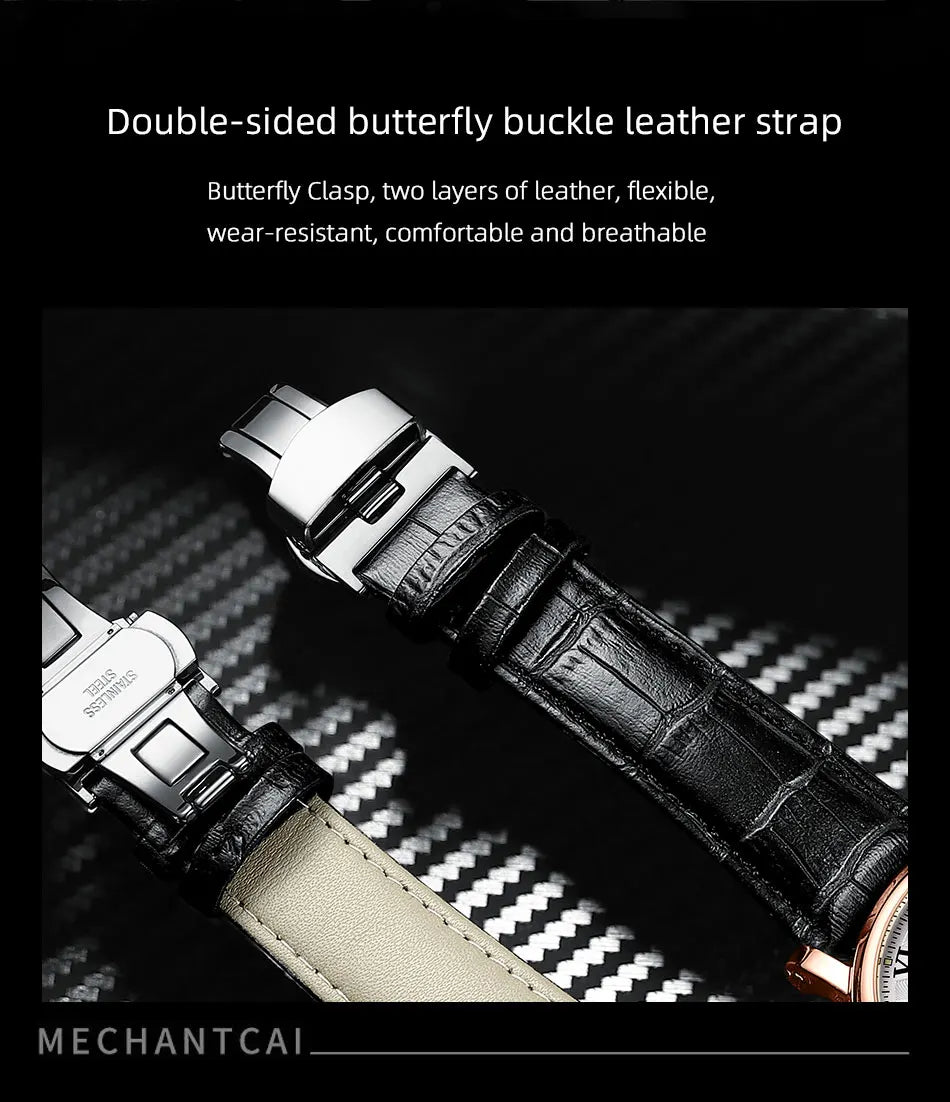 Watch For Men Business Fashion Genuine Leather Waterproof Mechanical Watch New 2024