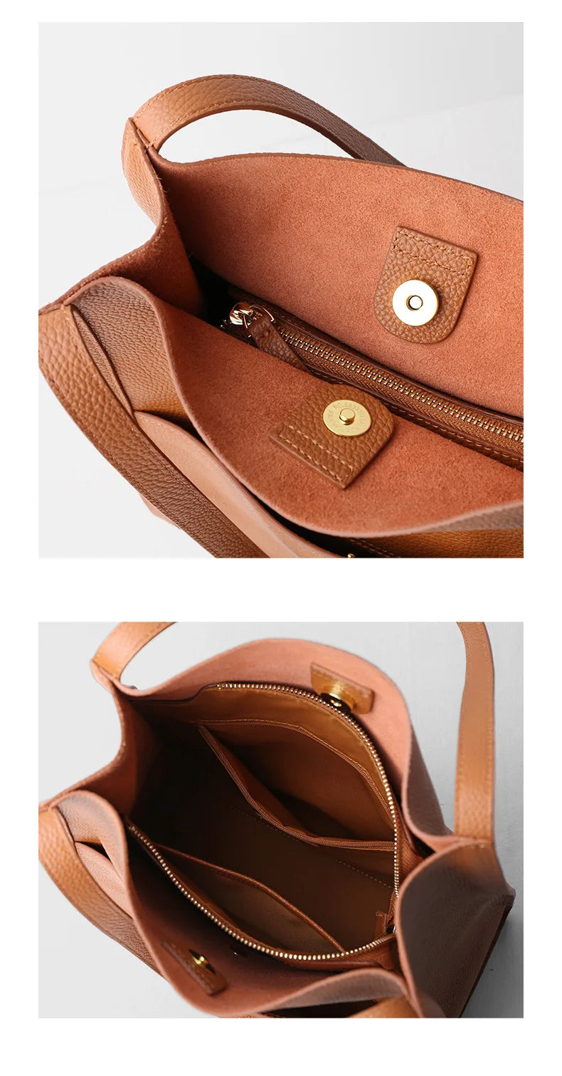 Luxury 100% Genuine Cowhide Leather Tote Bucket Bag